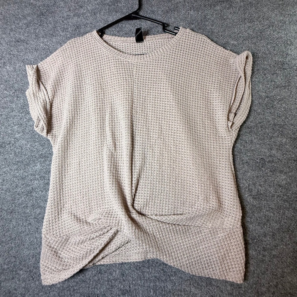 SHEIN‎ Beige Waffle Knit Twist Front Short Sleeve Top Large Relaxed Crew Neck